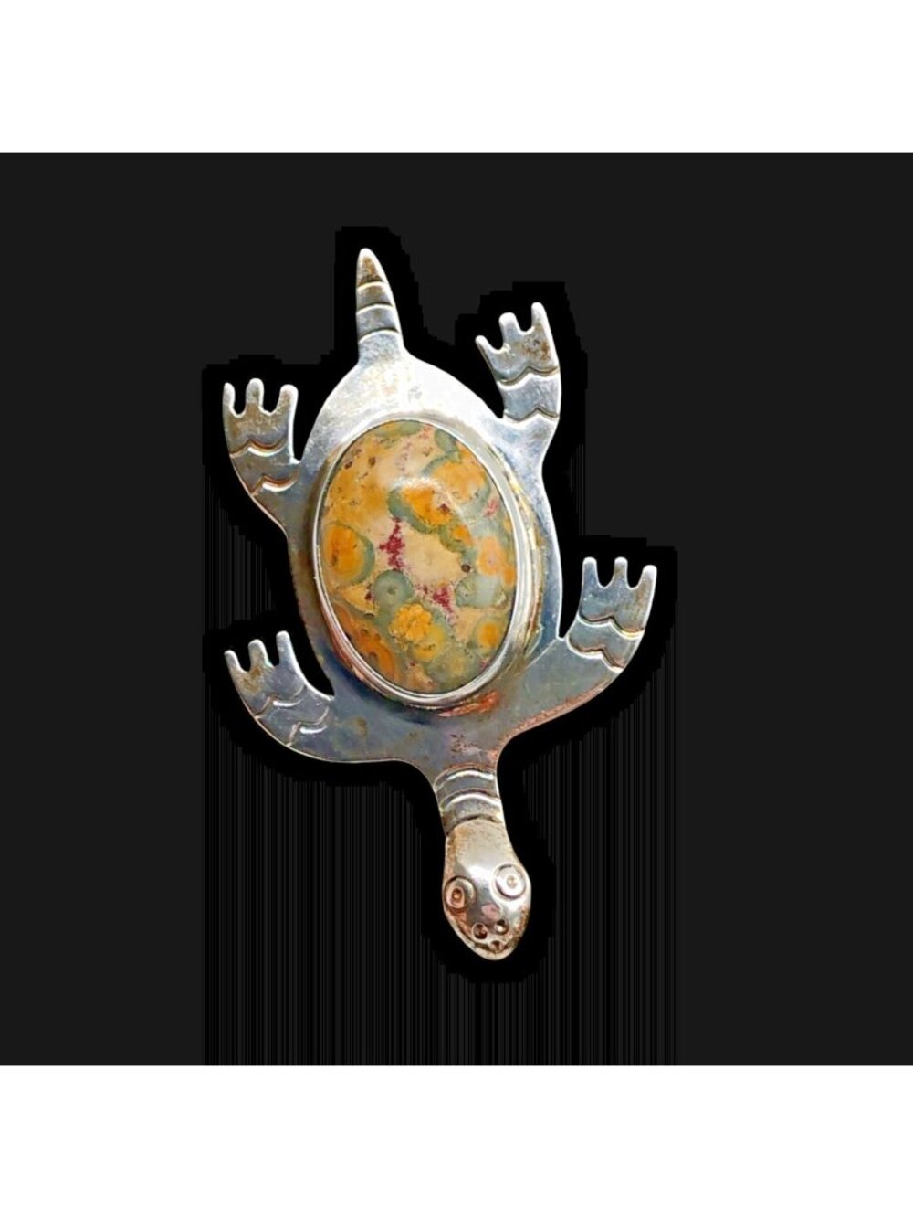 Large Vtg Sterling Silver Leopard Jasper Sea Turtle Brooch Pin 14.7g